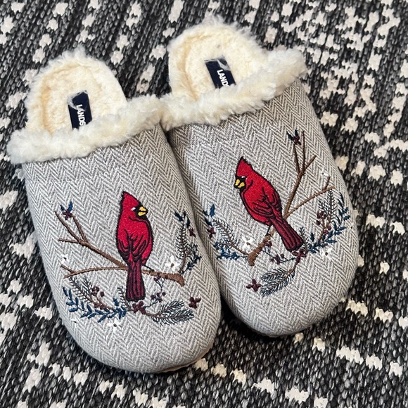 Lands' End Shoes - Lands' End Gray Slippers Holiday Sherpa Lined Red Cardinal Bird Christmas